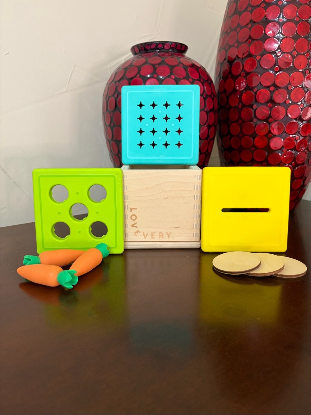 Lovevery Wooden Coin Bank Set - 3 Interchangeable Lids